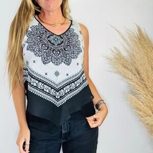 VINTAGE iZ BYER Black White Aqua Double Layer Flowy Ruffle Tank Top Blouse L